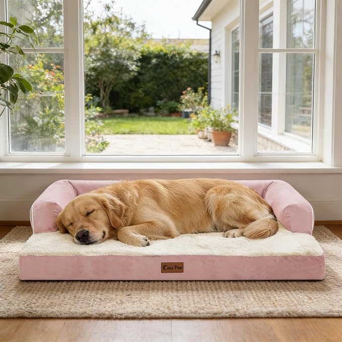 Orthopedic Dog Beds for Extra Large Dogs, Waterproof Egg Crate Foam XL Dog Bed with Sides 41x27Inch, Washable Big Dogs Couch Beds with Removable Cover and Nonskid Bottom, Pink
