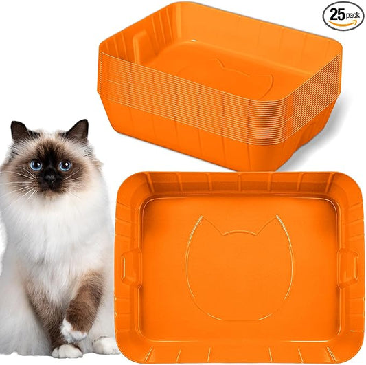 Bokon 25 Count Disposable Litter Box for Cat, Large Disposable Litter Tray for Travel Home Durable Portable Plastic Kitty Litters Boxes Leak-Resistant Easy-Grip Rim, 15.7 x 11.8 x 3 Inches(Orange)