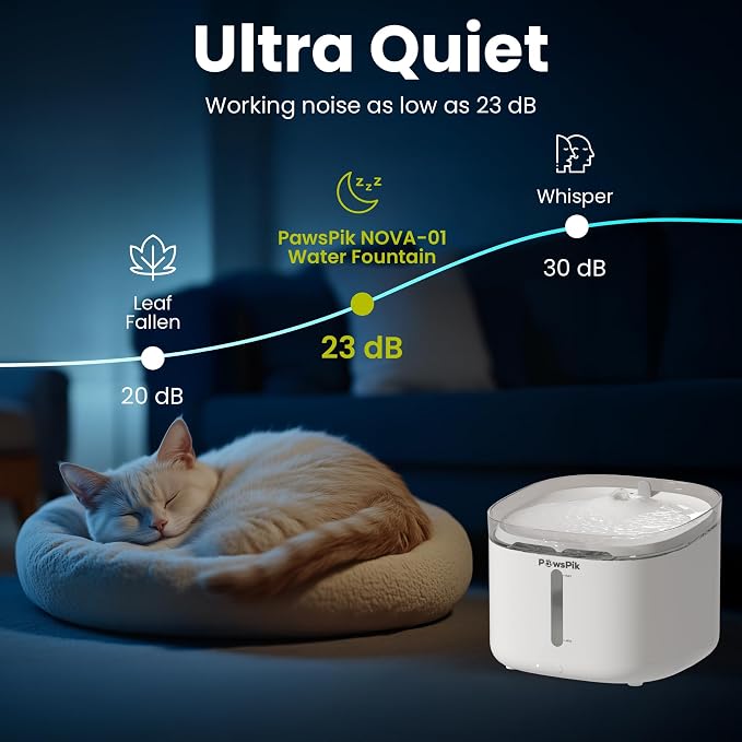 PawsPik NOVA-01 Wireless Cat Water Fountain, Rechargeable Cordless Cat Drinking Fountain with Water-Power Separation, Motion Sensor & Continuous Flow, Filtered Automatic Cat Water Dispenser, White