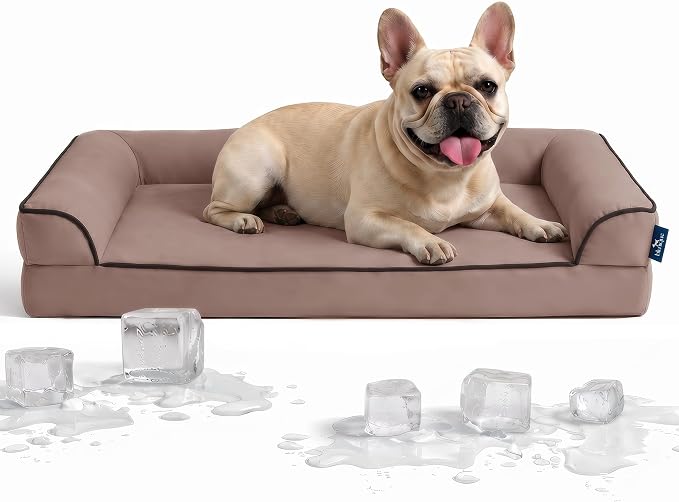 Cooling Dog Bed for Small, Medium Dogs & Cats with Bolsters, Q-Max>0.45 Orthopedic Pet Cool Sofa Beds with Breathable Egg Crate Foam, Removable Washable Cover, Dusty Rose