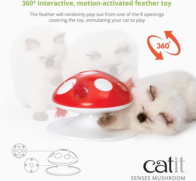 Catit Senses 2.0 Mushroom - 360 Degree Interactive Feather Toy for Cats with Two Play Modes