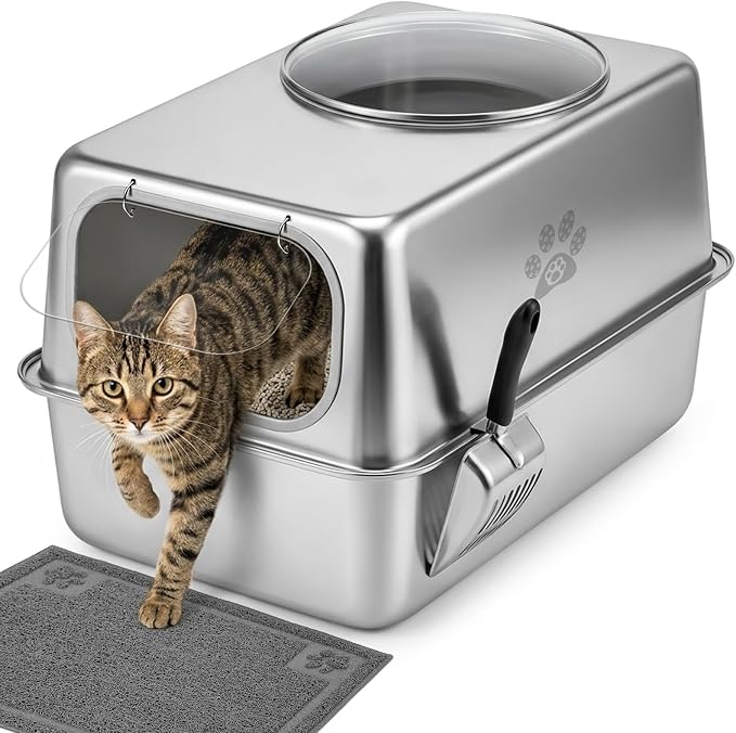 Ptlom Enclosed Stainless Steel Cat Litter Box with Lid, Extra Large Metal Litter Box, Leak-Proof High Sided Covered Litter Box for Kitties & Multi Cats, Non-Stick, Includes Litter Mat & Scoop