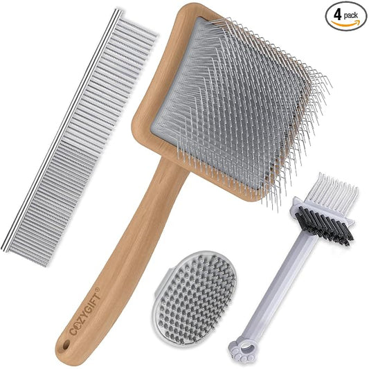 Slicker Brush for Dogs 4PCS- Lrage Dog Grooming Kit, Goldendoodle Labradoodle & Poodles with Detangling Comb for Haired Dogs, Matted Hair & Bath Massage Set, Naturally