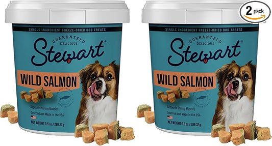 Stewart 100% Wild Salmon Dog Treats, 9.5 oz Tub, ~190 Pieces, Freeze Dried Raw, Ingredient, 65% Protein Training Treats or Meal Topper, Grain Free, Gluten Free (Pack of 2)