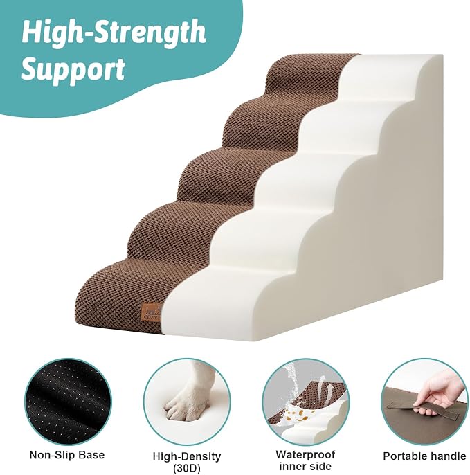 COZY KISS Extra Wide Dog Stairs 19.7" Width, Large Pet Step for Small Medium Dog, Puppy or Cat, Ramp for High Bed or Car, High Density Foam Ladder, Stable, 5 Step, 19.7x33x22.4 inch, Brown
