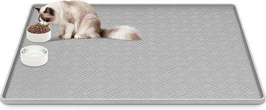 Cat Food Mat, 42" x 29" Large Silicone Mat Cat Feeding Mat with Raised Edge Non-Slip Pet Feeding Mat for Food and Water Bowl, Easy to Clean, Floor Protection (Light Gray)