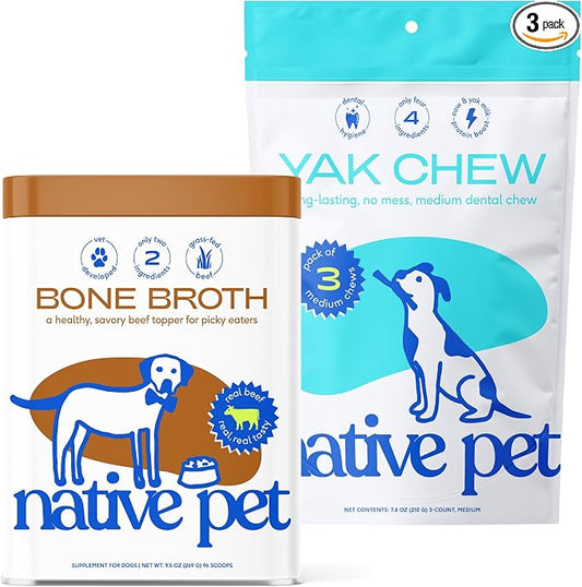 Native Pet Beef Bone Broth for Dogs (9.5 oz) & Yak Chews for Dogs (3 Medium Chews) - Food Topper for Picky Eaters and All Natural Dental Sticks Made with Yak Cheese for Aggressive Chewers