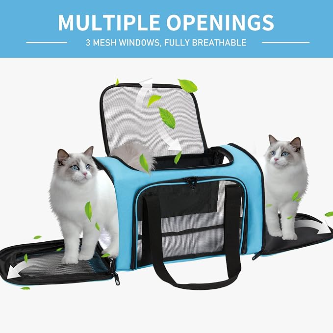 Pnimaund Large Pet Carrier, Soft Sided Cat Carriers for Large Cats Under 20 lbs, Soft Dog Carriers for Medium Dogs Small Dogs, Collapsible Cat Carrier for 2 Cats Travel Carrier -Blue