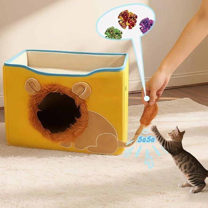 CWV Interactive Cat Toys for Indoor Cats, Kitten Toys with Scratch Pad， Cat Hideaway with Peekaboo Holes, Lion Cat House Cave with Soft Pillow