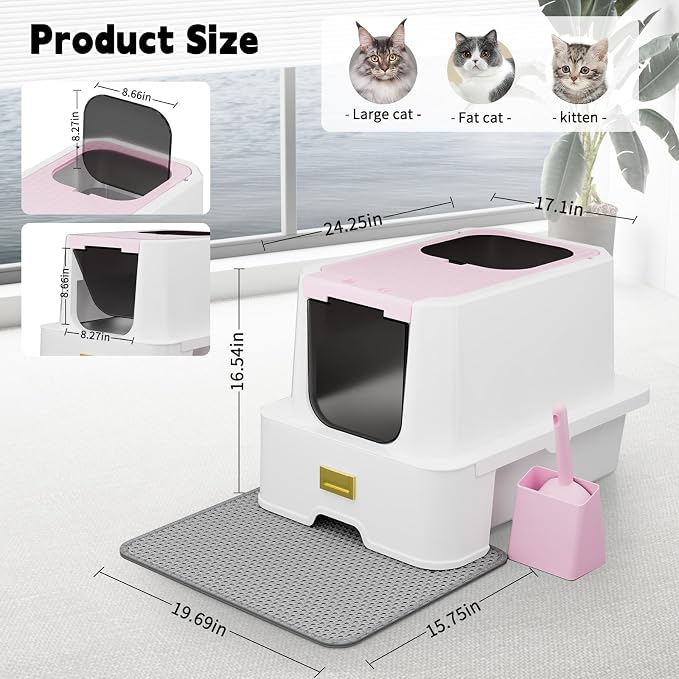 RIZZARI Pink Stainless Steel Cat Litter Box with Lid, Hidden Covered Kitty Litter Box with Drawer & Deodorizer Spray, Modern Top Entry Litter Box for Indoor Cats, Bedrooms, Apartments & Living Spaces