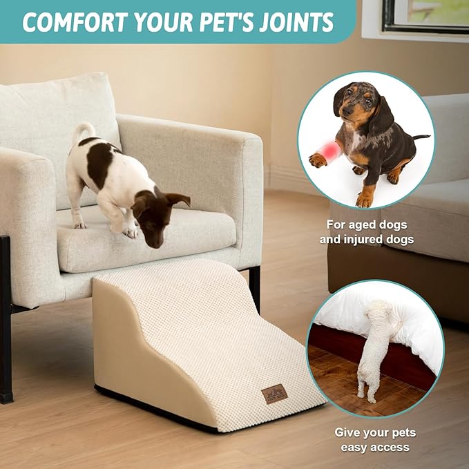 COZY KISS Dog Stairs for Small Dogs 11.8" H, Curved Dog Step for Puppy, Older Cat, Medium Pet Ramp for Sofa, Couch or Chair, Ladder with High Density Foam, 2 Step, Beige