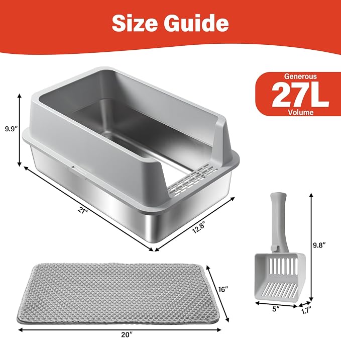 2PACK Stainless Steel Litter Box, Metal Litter Box with High Sides Lid, XL Large Cat Litter Boxes for Big Cats, Never Absorbs Odors, Anti-Urine Leakage, Easy Cleaning, Non-Stick, Include Scoop and Mat