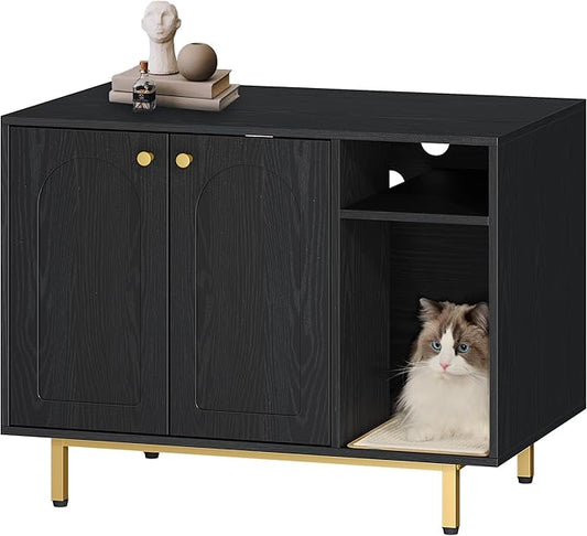 Hzuaneri Cat Litter Box Enclosure,Hidden Litter Box Furniture with Storage, Large Wooden Cabinet with Sisal Mat, Modern Cat Washroom for Living Room, Bedroom, Entryway, Black and Gold CB01504G