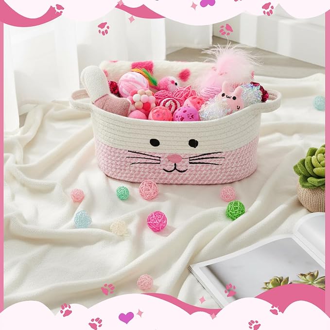 Zopeal 38 Pcs Graduation Cat Toy Set Interactive Cat Toys Pack Including Cats Gift Basket Feather Teaser Wand Plush Gift Outfit Mice Crinkle Balls and Pet Bell Balls, Puzzle for Indoor(Pink)