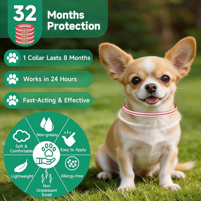 Flea Collar for Dogs, 4 Pack Flea and Tick Prevention for Dogs, 32 Months Dog Flea and Tick Treatment, Adjustable Dog Flea Collars, Waterproof Dog Flea Treatment Collar, Flea Treatment for Dogs