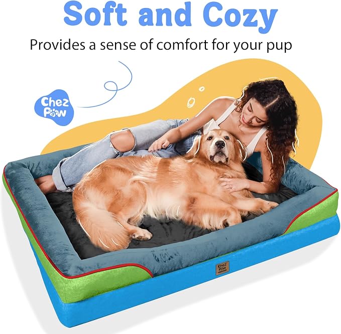 Chez Paw XXL Orthopedic Dog Bed for Extra Large Dogs, Extra Thick Egg-Crate Foam Waterproof Pet Couch with Removable Washable Cover, 4-Sided Bolster & Non-Slip Bottom, Blue Lime 45"x35"x7.5"