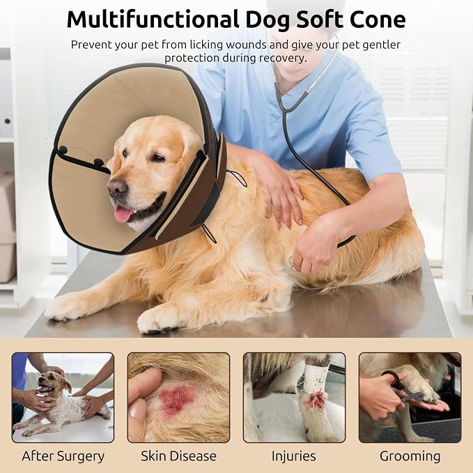 Queenmore Dog Cones for Medium Dogs, Soft Dog Cone Collar After Surgery, Pet Cone for Dogs Wound Care, Spay, Neuter, Breathable Pet Surgery Collars & Cones, Brown M