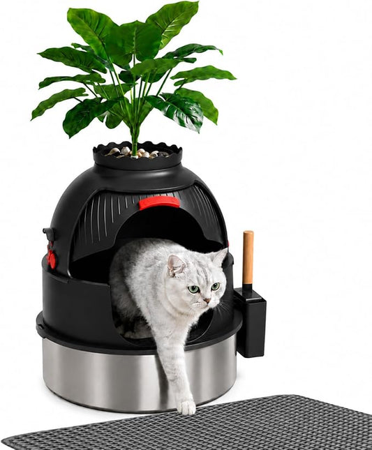 Gimars Hidden Litter Box with Faux Plant, Stainless Steel Litter Box Enclosure, 18.9" L x 18.9" W x 21.7" H Decorative Cat Litter Box Furniture, Odor Control, Easy to Clean