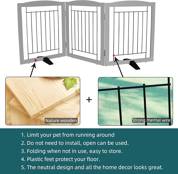 ZJSF Freestanding Dog Fence Indoor, Foldable Dog Gate for Doorways, Stairs or Hallways, Sturdy Wood Extra Wide Pet Gate with Support Feet for The House, Grey, 24 "Height-3 Panels