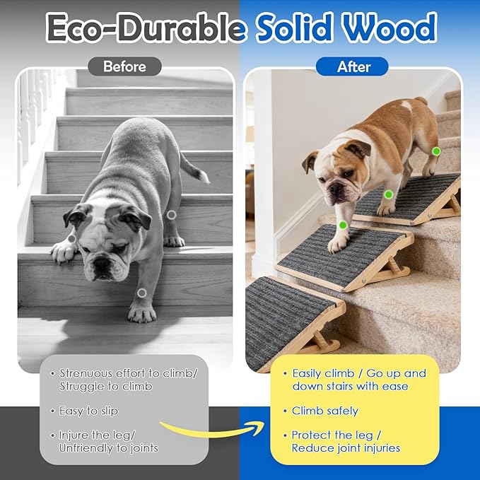 Adjustable Dog Ramp for Stairs, Foldable Wooden Dog Steps Anti-Slip | 3 Pack, Switch 4.3" or 5.5" Height, No Assembly, Gentle on Joints, for Senior & Injured Dogs, Natural Wood, 170 lbs