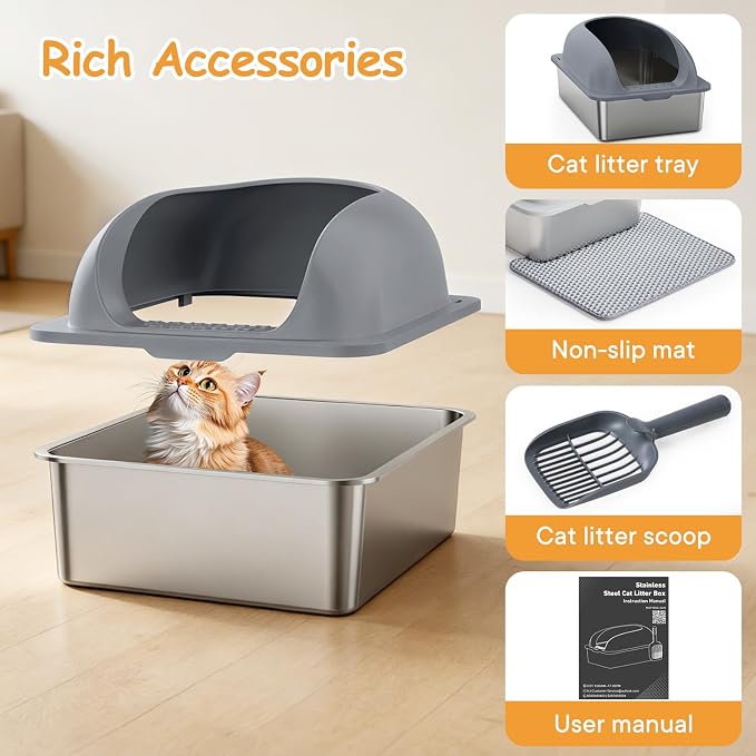 Extra Large Cat Litter Box with Lid, Stainless Steel Cat Litter Box with Scoop and Mat, High Walls for Anti-Urine Leakage, Easy Cleaning, Dark Gray