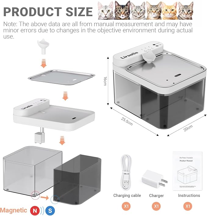 Cat Water Fountain, Filterless Cordless Cat Water Bowl，Not Continuous-Flow Auto-Refill Pet Water Dispenser with Scheduled Water Refresh, Wastewater Separation, Stainless Steel Tray