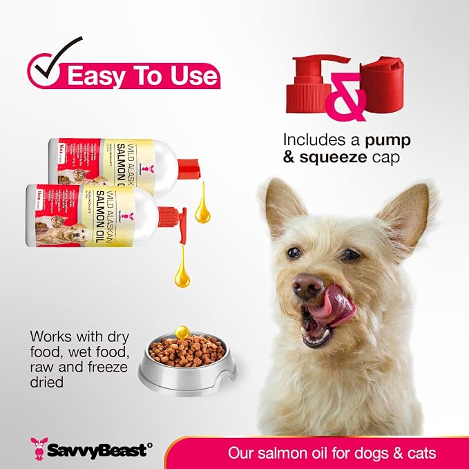 SavvyBeast Wild Alaskan Salmon Oil for Dogs, Cats & Ferrets - Pet Supplement Omega-3 Oil with EPA & DHA - Wild Caught Fish Oil Supports Skin, Coat, Joints, Heart, Brain, Itch Relief & Immune - 32 oz