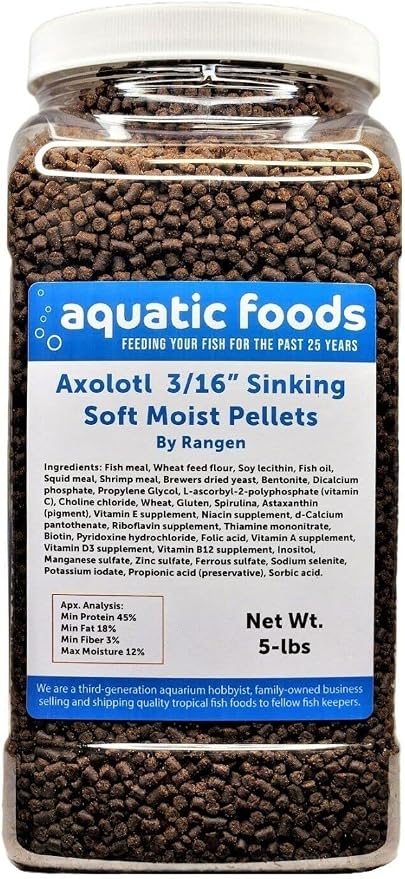 Axolotl Food 3/16" Soft Moist Sinking Salmon Pellets for Adult Axolotl Also Shrimp, Snails, Crabs, Crayfish, Bottom Tropical Fish...5-lb Lg Jar