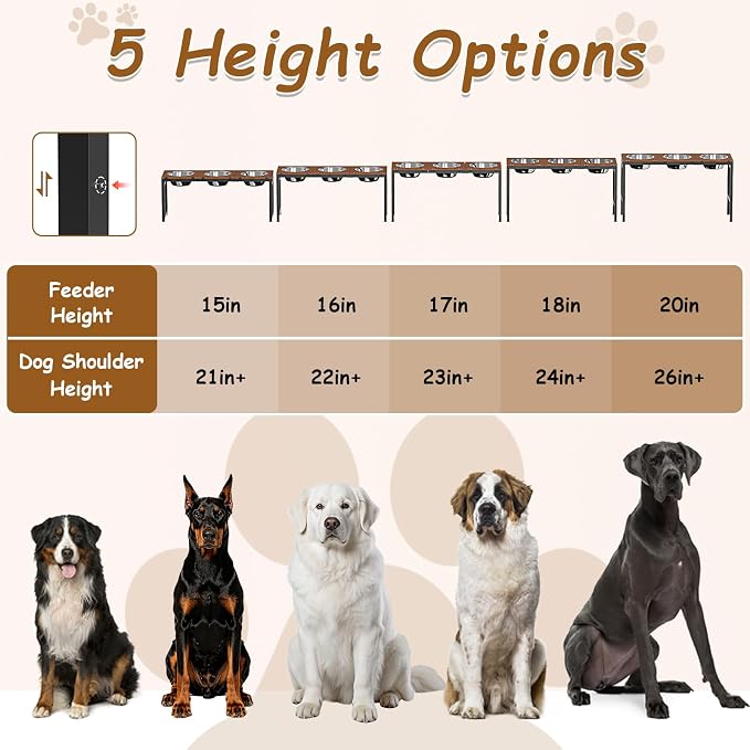 Elevated Dog Bowls Stand for Large Dogs - Triple Bowl Feeding Station, Adjustable Height 15-20.5in, Tilt Stainless Steel Bowls & Wood Tray, Large Dog Feeder 3500ML x3