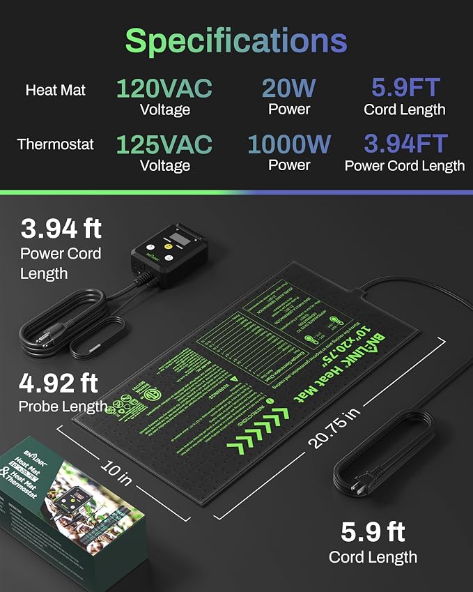 BN-LINK Seedling Heat Mat with Thermostat Controller Combo Set, 10" x 20.75" Plant Heating Mat for Seed Starting with Temperature Control for Indoor Growing, Plants Germination, ETL Listed