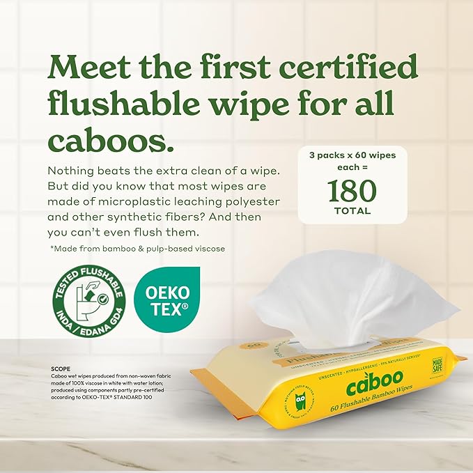 Caboo Flushable Wipes 3 Pack + Pet Wipes 2 Pack Bundle - Natural Bamboo Based Paper Products - Sustainable Alternative to Plastics and Papers for Home, Travel, and Personal Care