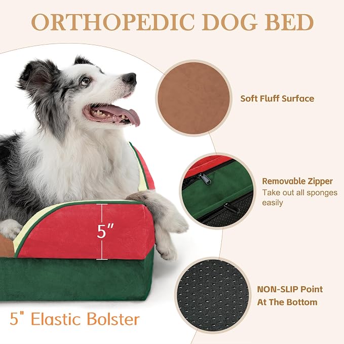 Comfort Expression Orthopedic Dog Bed for Extra Large Dogs 42x30 Inch, Waterproof Egg Crate Foam XL Pet Bed with Bolsters, Dog Couch with Washable Cover & Non-Slip Bottom, Watermelon Mist