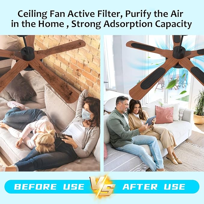 2026 Upgrade 15pcs Ceiling Fan Filters for Blades Easy-Stick Strong Fixity Activated Coconut Carbon Fan Filter for Ceiling Fan, Universal Fan Blade Air Fresh Purifier Cat Litter Box Filter, Black
