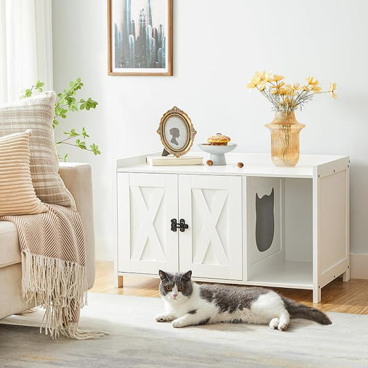 MAHANCRIS Cat Litter Box Enclosure, Hidden Litter Box Furniture with Divider, Indoor Cat House, Wooden Cat Washroom Storage Cabinet Bench, Side End Table Nightstand, White CWWT2501