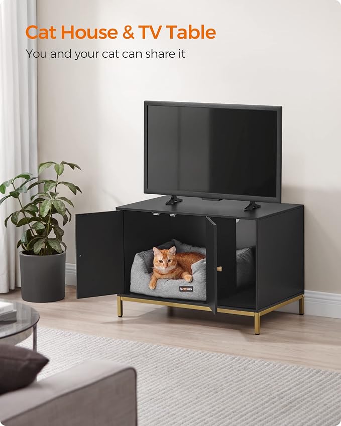 Feandrea Cat Litter Box Enclosure, Hidden Litter Box Furniture with Scratch Pad, Front Entry, Double Cabinet Doors, Modern Style, 31.5" Cat House Washroom Side End Table, Black and Gold