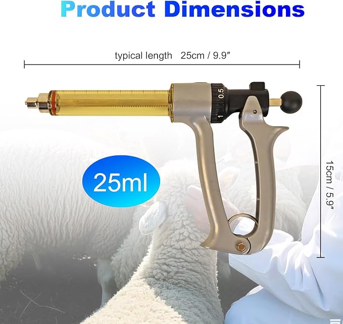 25ML Semi Automatic Livestock Syringe, 5 Gears Adjustable Continuous Repeating Syringe for Farm Ranch Cattle Cow Horse Goat Sheep Hog