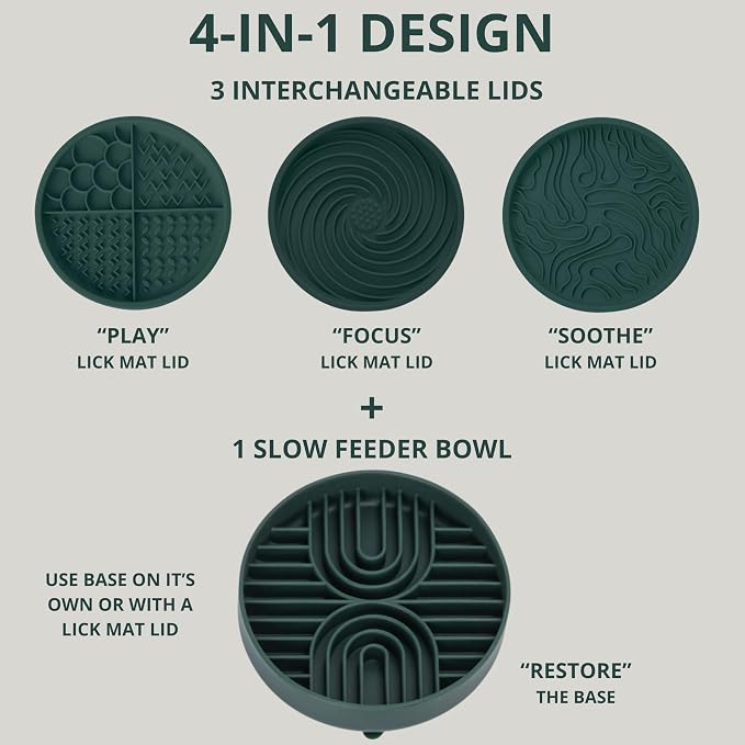 4-in-1 Slow Feeder Dog Bowl and Lick Mat Set, 1 Base and 3 Interchangeable Textured Lids, Suction Base, BPA-Free Silicone, Dishwasher Safe