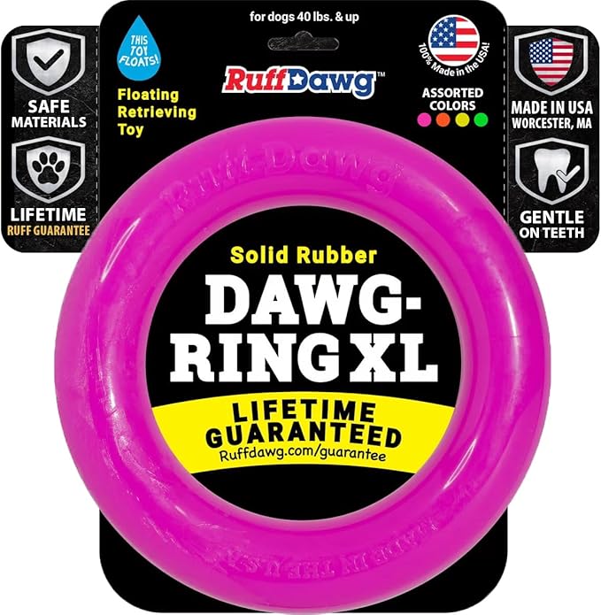 Ruff Dawg Indestructible Dawg-Ring XL 8” Pink – Heavy-Duty Solid Rubber Tug & Fetch Toy for Dogs 40 lbs & Up – Floats & Bounces – Made in USA