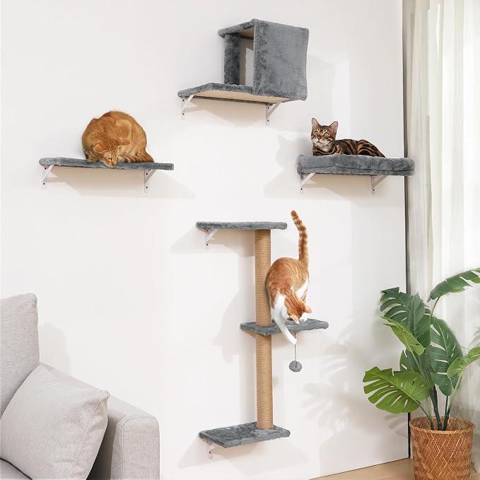 FUKUMARU Cat Wall Shelves, Stable & Safe 4 in 1 Cat Walls Furniture Set, Wooden Kitten Climbing Wall with Scratching Post for 16 Inch Drywall - Light Gray