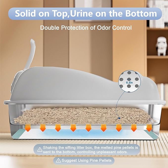 Stainless Steel Sifting Litter Box,XL Cat Litter Box with Lid,Pellet Litter Box for Big Cat,High Sides,Anti-Leakage,Easy Clean
