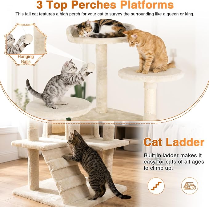 FDW | 54" Cat Tree Tower | Beige | Multi-Level Indoor Activity Center with Sisal Scratching Posts, Condos, Plush Perches, Hanging Cat Toys | Sturdy, Easy to Assemble | for Kittens & Adult Cats