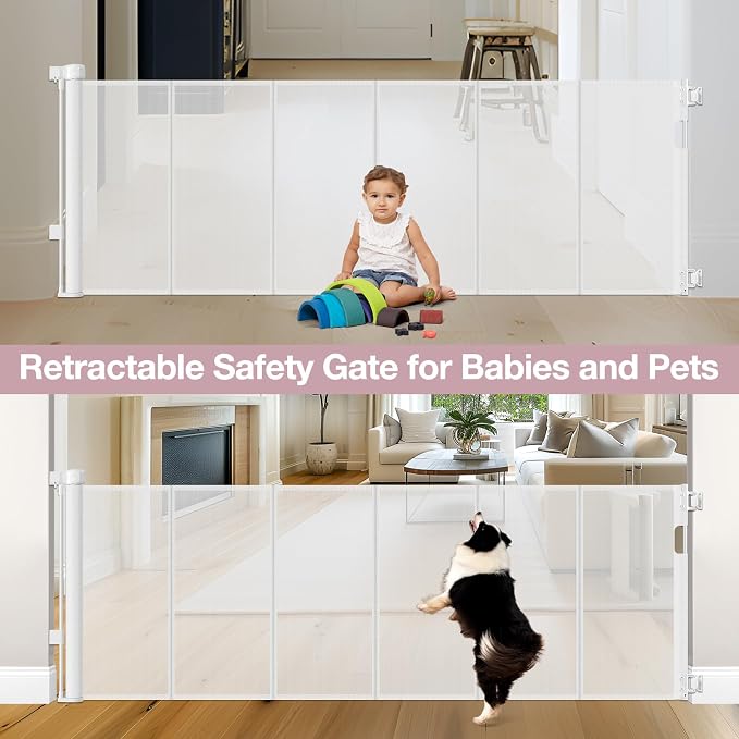 Reinforced 72" Wide Retractable Baby Gate with Rods Prevent Sagging, Retractable Dog Gate Mesh Baby Gate for Doorway, Large Baby Gate Retractable Gates for Dogs, Extra Wide Dog Gates for Stair, White