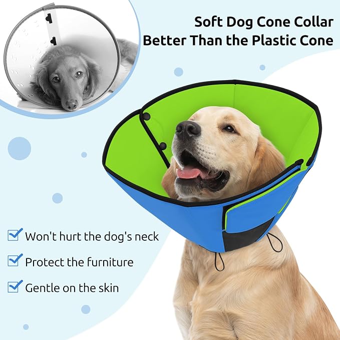 Queenmore Dog Cones for Small Dogs, Soft Cone for Dogs After Surgery, Adjustable Comfy Cone for Dogs & Cats, Comfortable Pet Cone After Surgery for Wound Healing, Blue&Green S