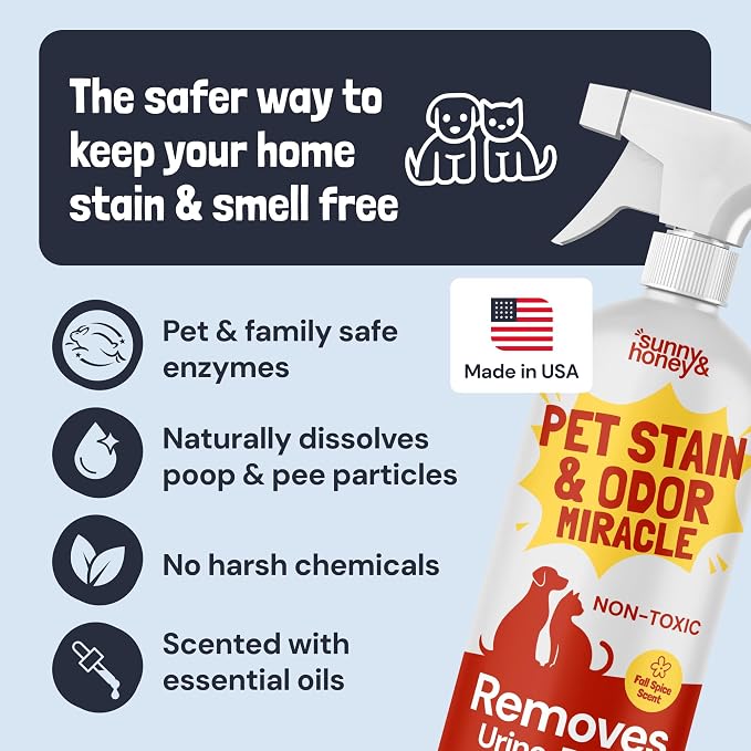 Sunny & Honey Pet Stain and Odor Remover - Enzyme Cleaner for Dog Urine and Poop on Carpets and Furniture - Strong Pet Carpet Cleaner Spray (32fl oz Fall Spice)
