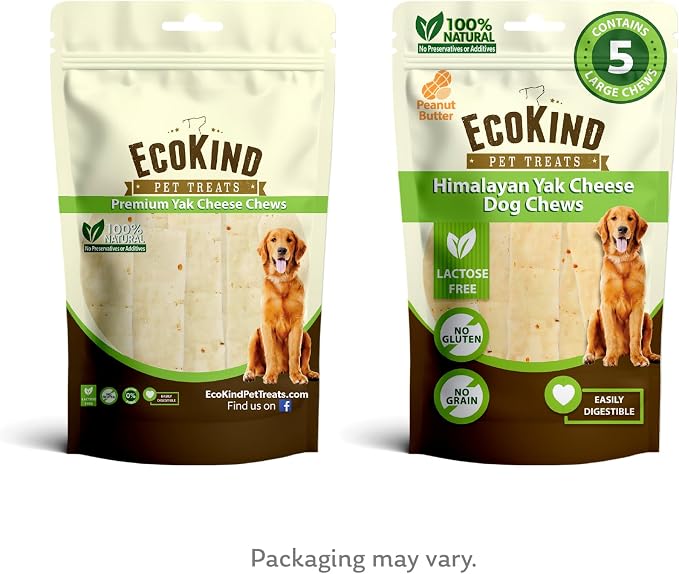 EcoKind Yak Cheese Himalayan Dog Chews, Yak Chews for Large Dogs, Long Lasting Bone for Aggressive Chewers, Only 4 Ingredients, Natural High Protein Treat, No Additives, Peanut Butter, Large - 5 Chews