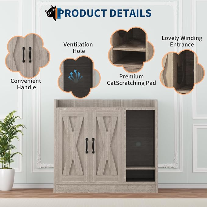 Cat Litter Box Enclosure,Hidden Litter Box Furniture with Divider,Indoor Cat House,Wooden Cat Washroom Storage Cabinet Bench, Side End Table Nightstand, 33.07" L × 23.62" W × 23.92" H,Light Gray