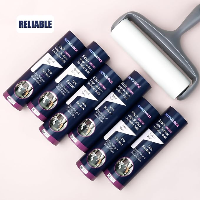 8 inch Large Surface Lint Roller Refills for Scotch-Brite 50% Stickier Large Lint Roller, Works Great On Pet Hair, 60 Sheets per Refill, Pack of 6, 360 Sheets Total