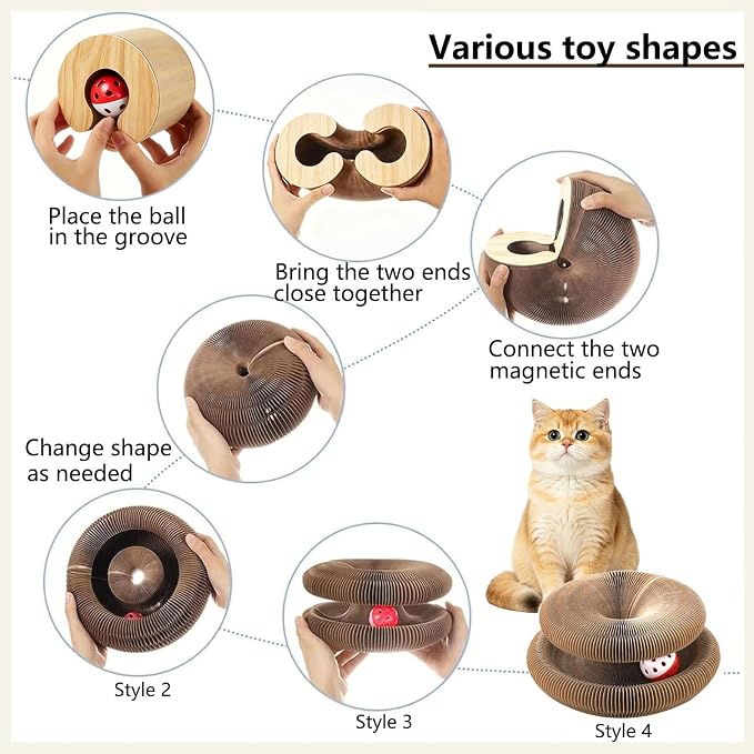 2PCS Magic Organ Cat Scratcher, Foldable Reversible Accordion Cat Toy with Bell Balls, Interactive Scratch Pad Board for Indoor Cats Playing, Cardboard Recyclable Kitty Toy