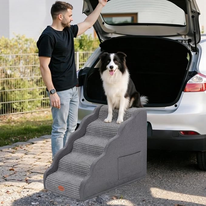 Woochpet Side Armrest Dog Stairs for High Beds Up to 26-30", 5-Step Pet Ramp with Weighted Base Plate, Washable Cover, Gentle Slope Steps, Bed & Couch Ladder for Small Medium Dogs & Senior Cat