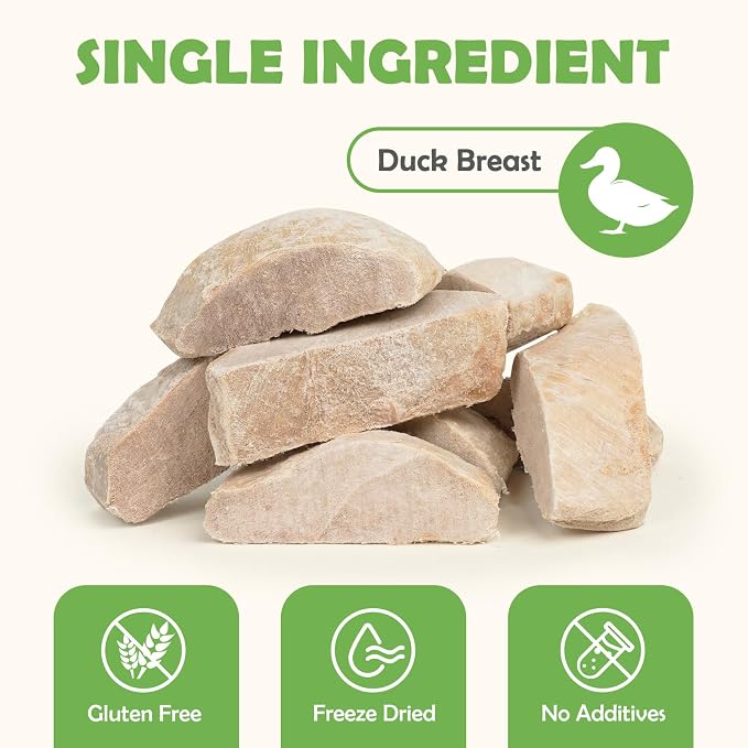 MON2SUN Freeze Dried Duck Breast Treats for Dogs & Cats - Whole Cut Chunks, Single Ingredient, High Protein, Grain Free Food Topper & Training Snacks, 4.2oz